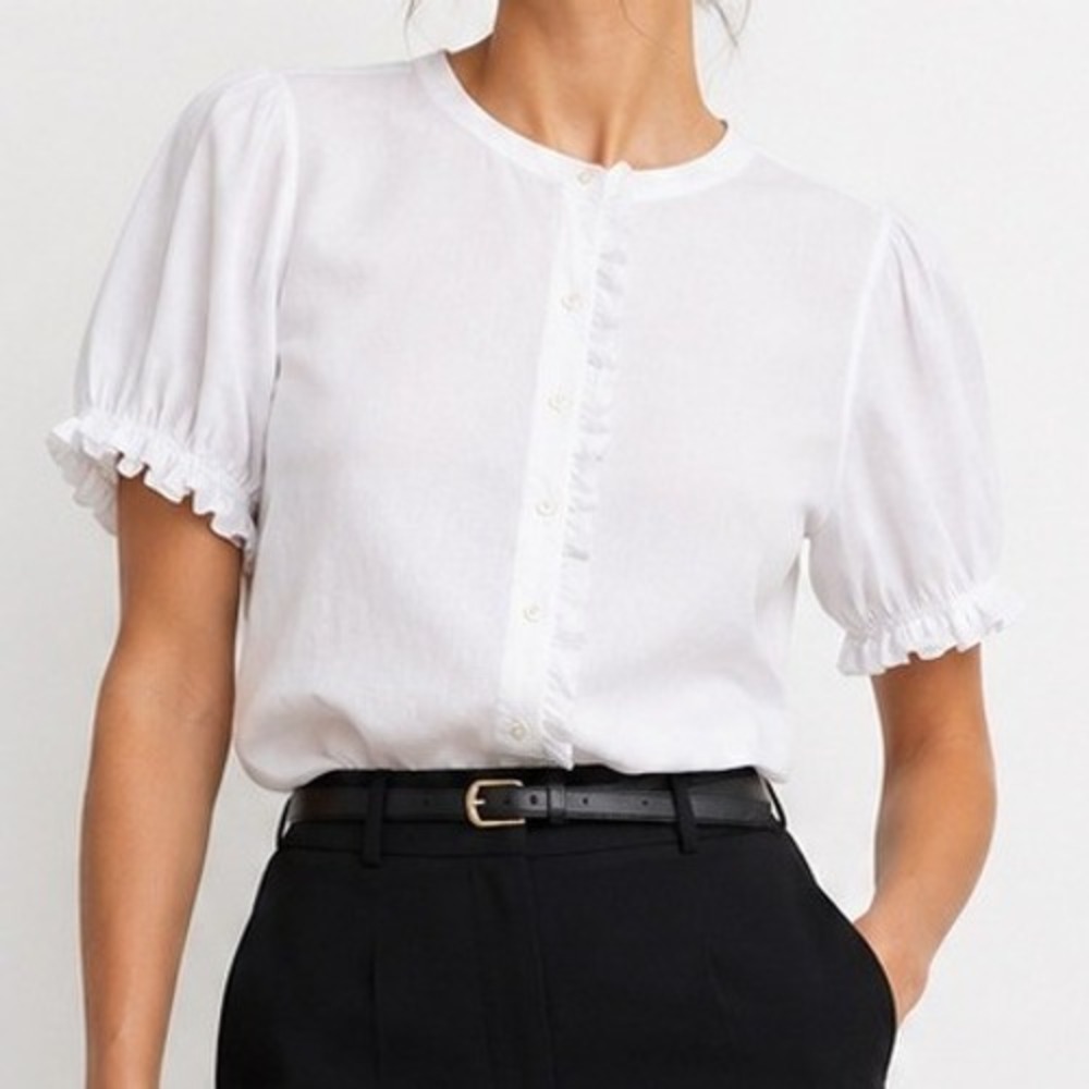 J.Crew Womens White Linen Cotton Ruffle Button Front Puff Sleeve Blouse Large